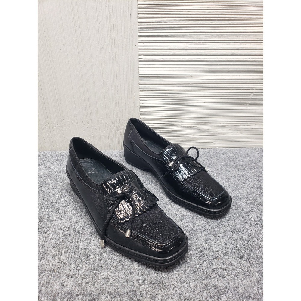 Ara Women loafers 4.5 Black Leather‎ Matallic Accent Tie Detail Slip ON Formal